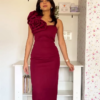 Wine One-Shoulder Rose Midi Dress
