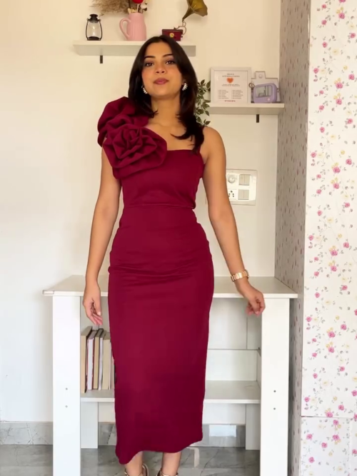 3034 (1) Wine One-Shoulder Rose Midi Dress