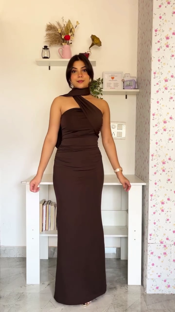 Wine One-Shoulder Rose Midi Dress