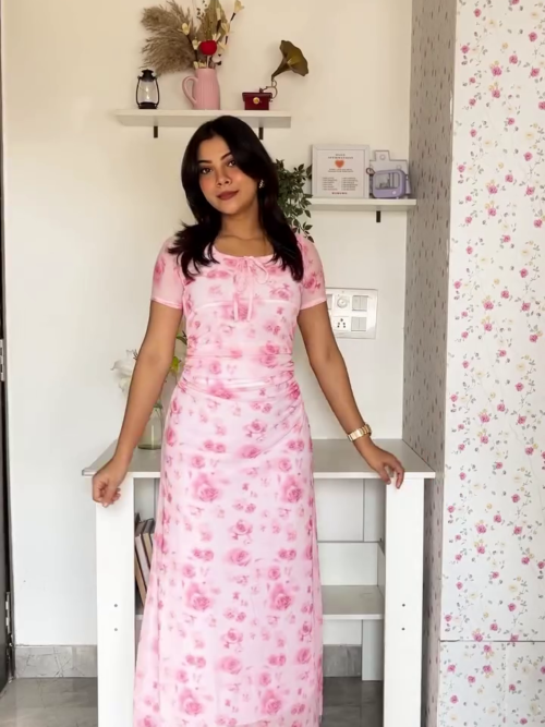 3037 (1) Pink Floral Ruched Maxi Dress