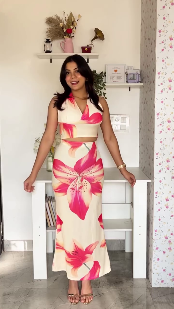 3037 (4) Pink Floral Ruched Maxi Dress