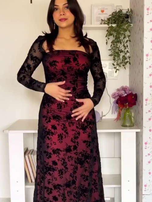 3038 (1) Black & Burgundy Floral Mesh Gown