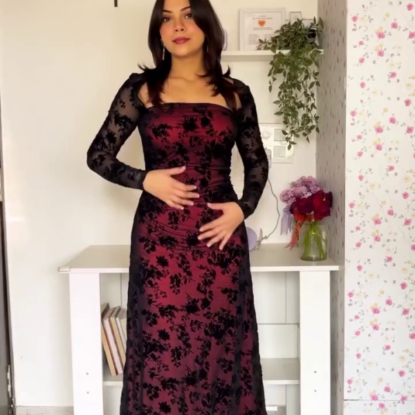 Black & Burgundy Floral Mesh Gown