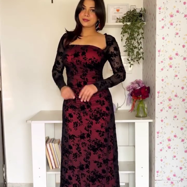 Black & Burgundy Floral Mesh Gown