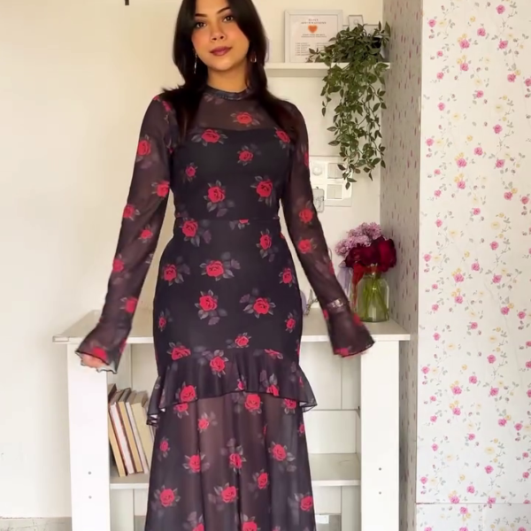 Black & Burgundy Floral Mesh Gown