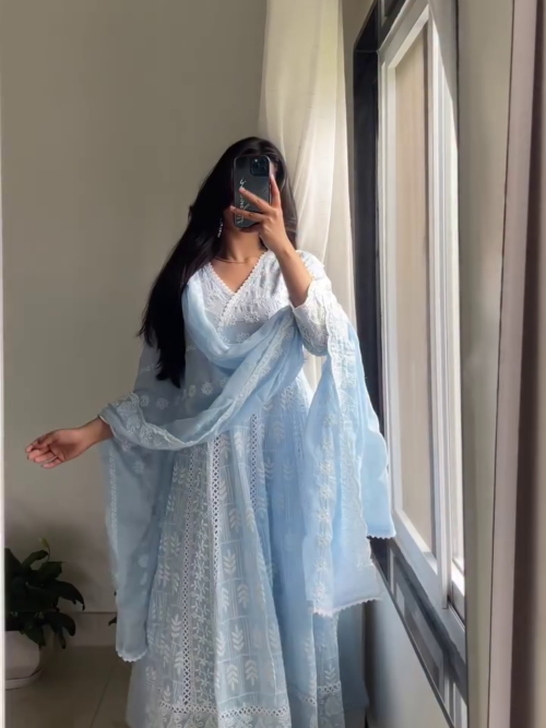 3044 (1) Powder Blue Chikankari Anarkali Set